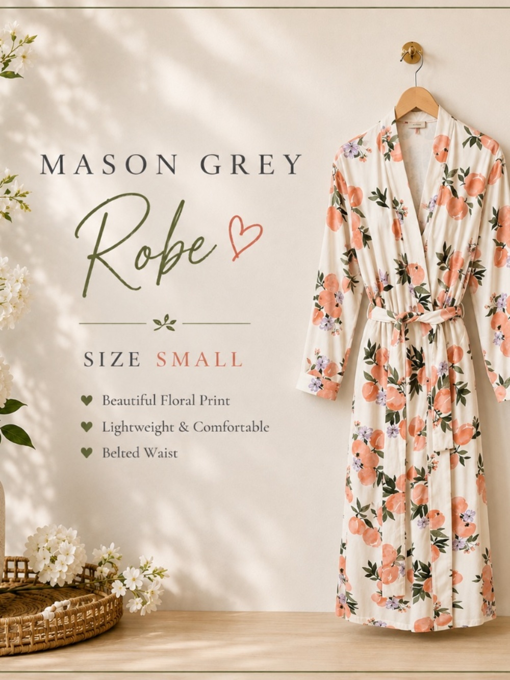 Mason Grey small women's banded robe Cream Floral Peach Print Wrap Robe